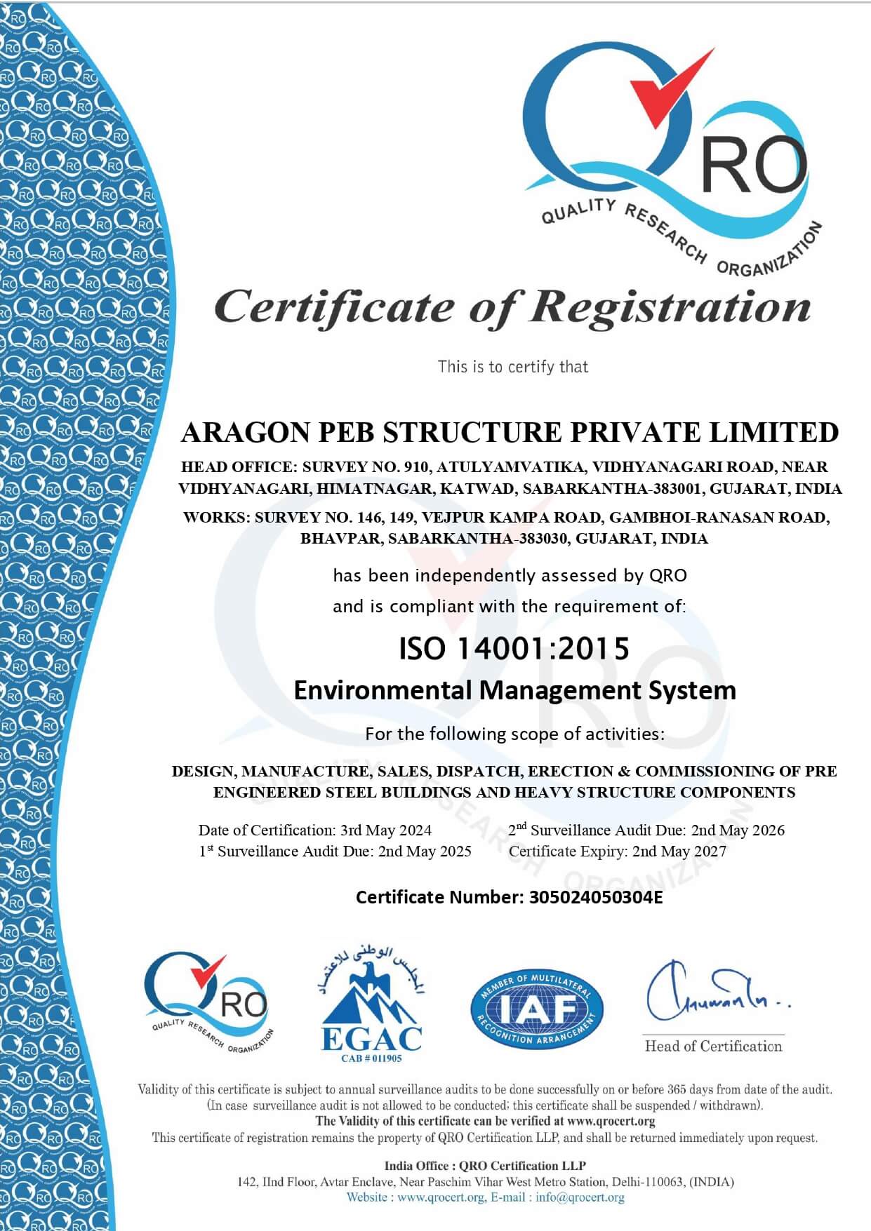 ISO 14001 environmental certification for Aragon PEB